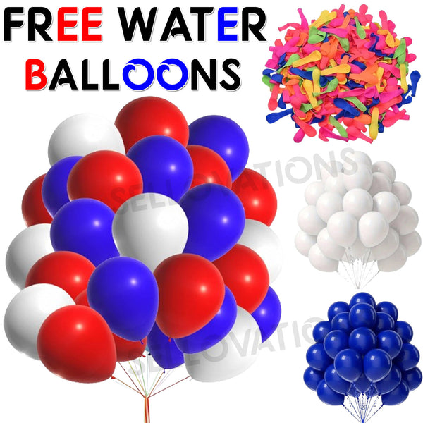 100 RED WHITE BLUE SPECIAL VE DAY BALLOONS WITH FREE 100 MIX WATER BALLOONS