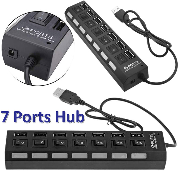 7 Port USB Hub High Speed Multi Splitter Expansion Power Adapter For PC Laptop