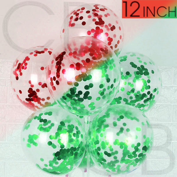 Red & Green Confetti Filled 12" inch Clear Latex Balloons For Christmas Pack of 10/25/50/100